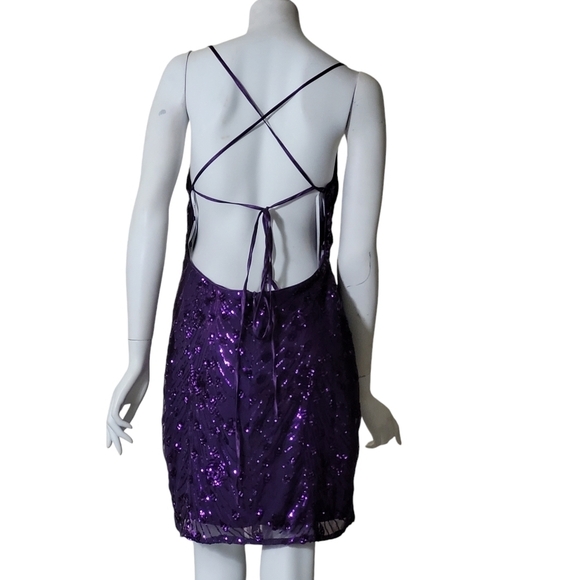 Holiday Party Dress Keep Glowing Purple Sequin Lace Up Bodycon Mini XL - Picture 5 of 13